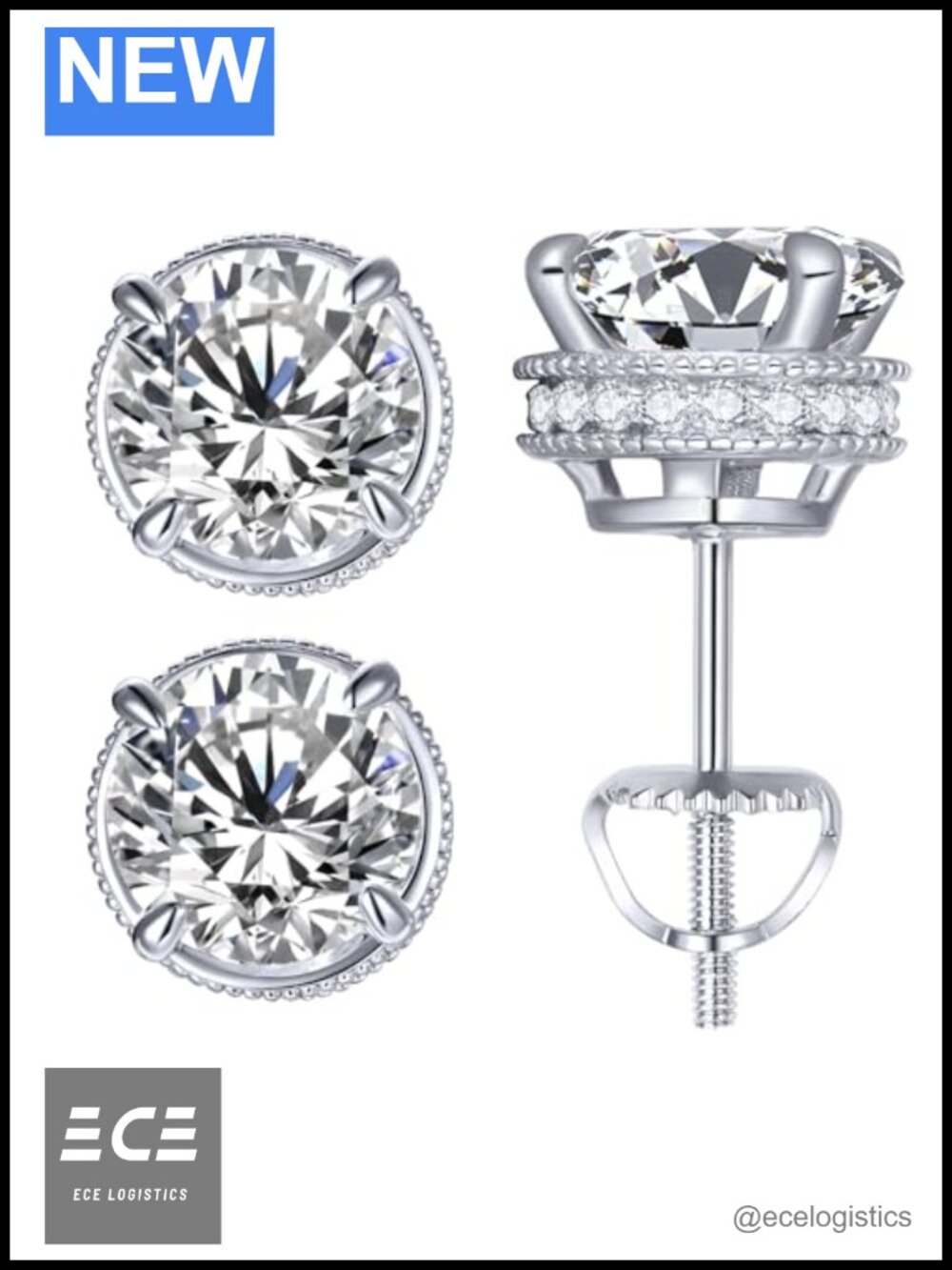 Moissanite Hidden Halo Stud Earrings 925 Sterling Silver 18K White Gold Plated
